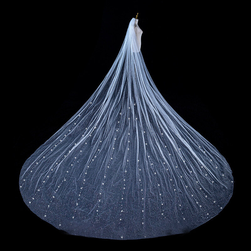Lzpove ผ้าคลุมหน้าเจ้าสาวคริสตัลงานแต่งงานประดับด้วยลูกปัดสีงาช้างแวววาวผ้าคลุมหน้างานแต่งงานขนาด350ซม.
