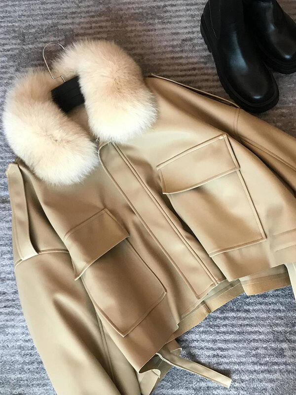 Ucxq-女性のためのぬいぐるみの厚い革のコート、取り外し可能なフェイクファーカラー、暖かいジャケット、新しいアウター、秋と冬、2023