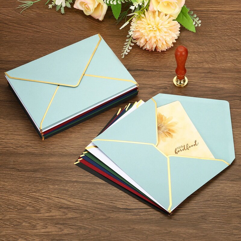 100Pcs A7 Western Envelopes 5 x 7 Card Envelopes V Flap Envelopes with Gold Border for Wedding Gift Cards Invitations Graduation