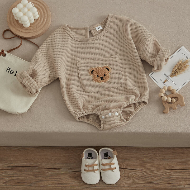 VISgogo-macacão de bolso frontal manga comprida para bebê, macacão bonito bordado urso, roupas casuais para meninas e meninos, primavera e outono