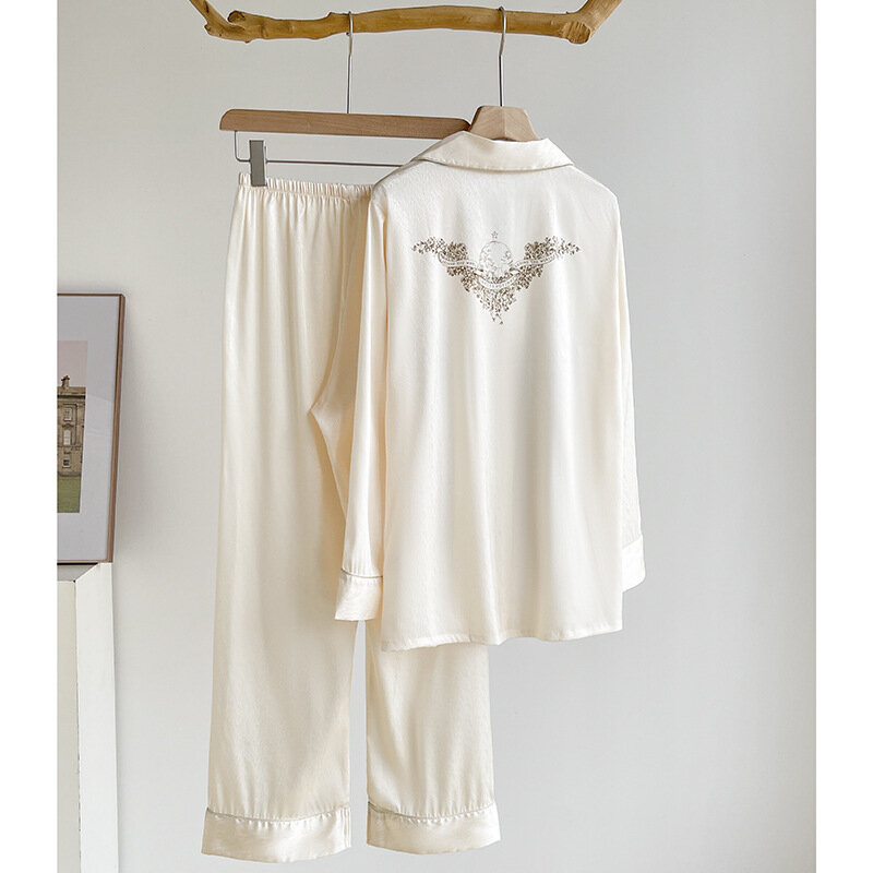 Fato de pijama cetim estampado borboleta feminino, top e calça de manga comprida, pijamas Rayon solto, roupa de senhora, pijamas femininos, roupa doméstica, 2 peças