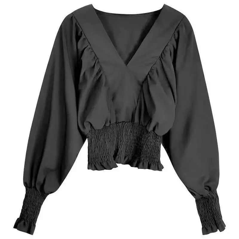 Женская рубашка с длинным рукавом-фонариком, Повседневная Однотонная рубашка свободного покроя с V-образным вырезом, в Корейском стиле, универсальная, осень