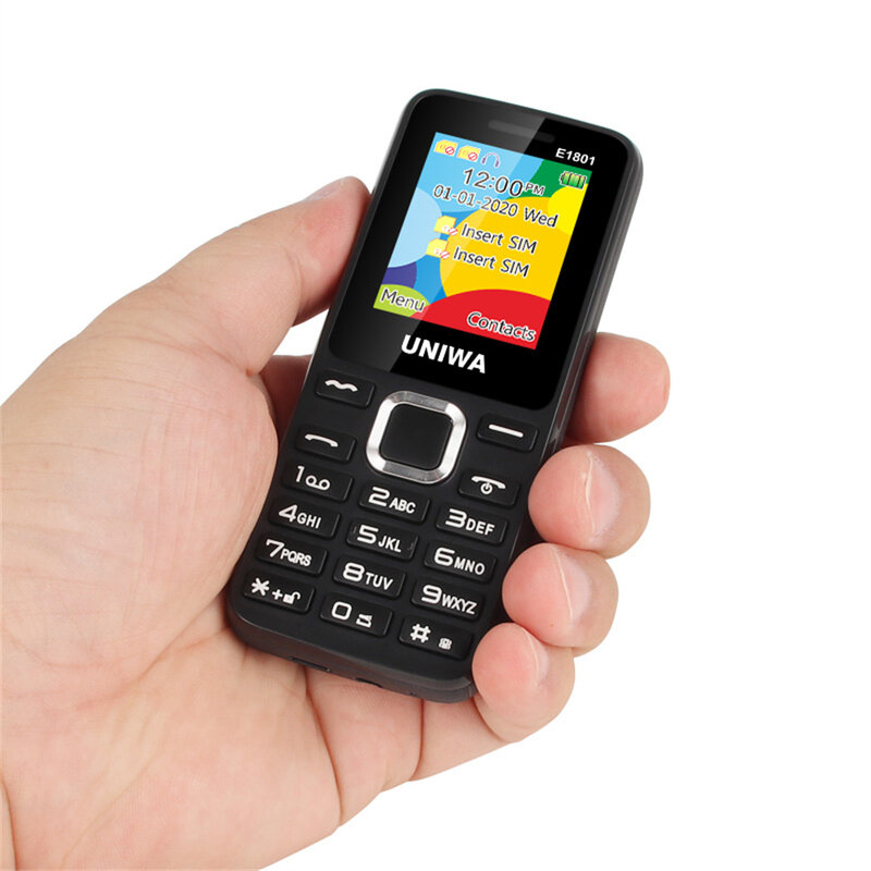 Uniwa โทรศัพท์มือถือมีปุ่มปลดล็อค E1801ขนาด1.77นิ้ว800มิลลิแอมป์2กรัมใช้โทรศัพท์มือถือสองซิมสแตนด์บายสำหรับวิทยุ FM ไร้สายรุ่นเก่า
