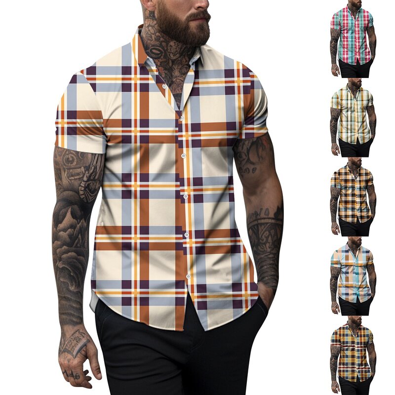 Camisa de manga corta con solapa y estampado a cuadros para hombre, ropa informal con estilo, cómoda, primavera y verano