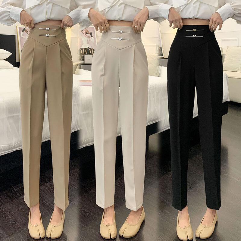 Pantalones rectos drapeados para mujer, pantalón Formal de cintura alta, Color sólido metálico, primavera y verano, 2024