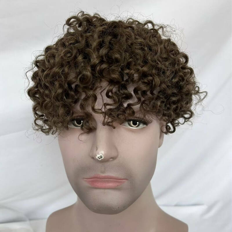 Parrucchino per uomo piccolo riccio 100% capelli umani sistema di sostituzione marrone posticci morbidi pizzo svizzero completo 8 "x 10" dimensioni Base