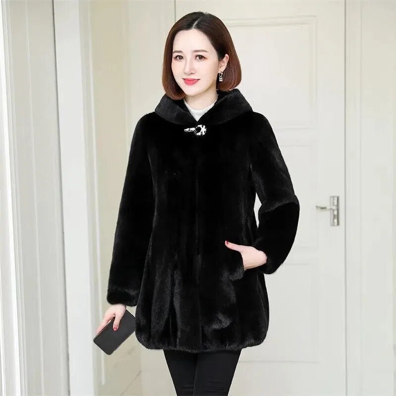 6XL 7XL Women Faux Mink Fur Jacket 2023 Autumn Winter New Female Hooded Long Sleeves Fur Overcoat Winter Mid-length Warm Coat