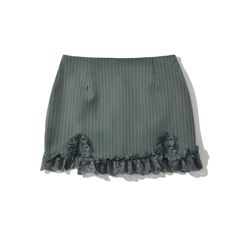 Женская кружевная мини-юбка составного кроя в полоску с разрезом