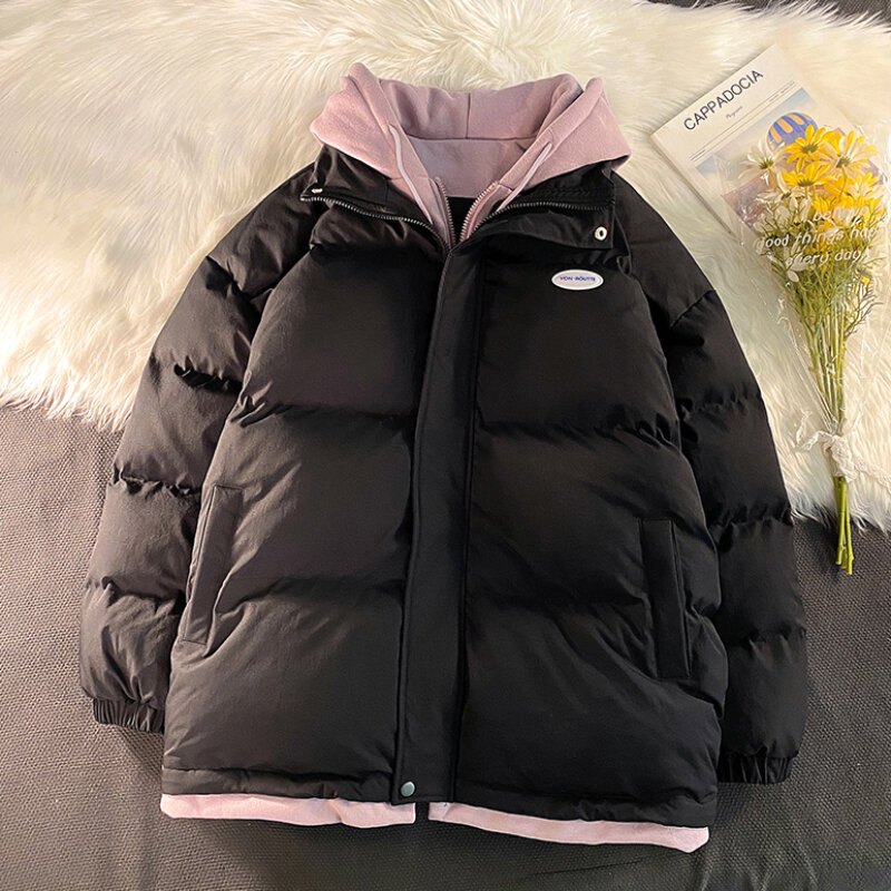 Parkas Men Fashion Loose Youthful Popular Winter Fake Two Piece Hooded Couple Japanese Style Streetwear Temperament Outdoor Warm