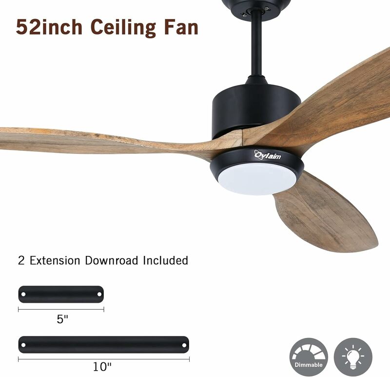 Ovlaim 52 Inch Indoor Outdoor Ceiling Fan, ETL Listed Quiet DC Motor Solid Wood Ceiling Fans with Lights Remote Control