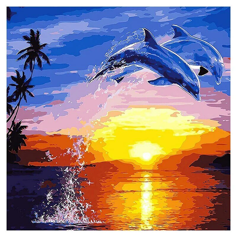 Erwachsene malen nach Zahlen Kits auf Leinwand 16x20 Zoll DIY Acryl Malerei Kit für Kinder & Erwachsene Anfänger-Sonnen untergang Delphin
