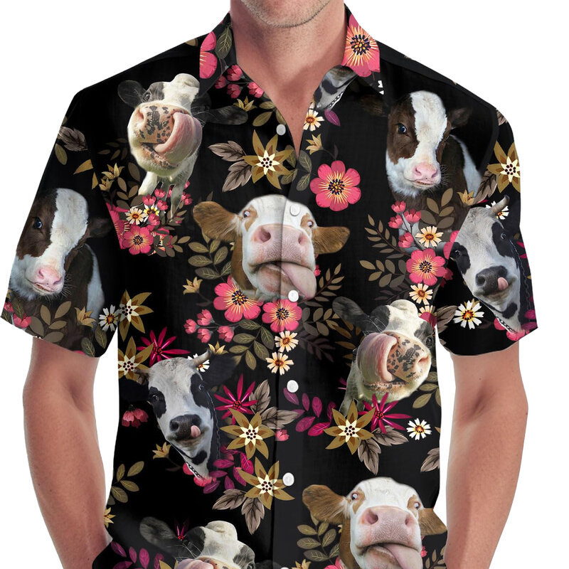꽃무늬 암소 남성 셔츠, 하와이안 셔츠, 3D 프린트, 재미있는 셔츠, 오버사이즈 휴가 캐주얼 Y2k 탑 라펠