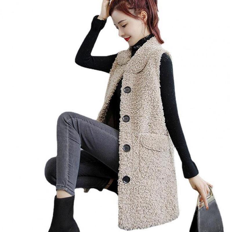 Women Thermal Sleeveless Vest Women's Fall Winter Sleeveless Fleece Vest Coat with Lapel Pockets Mid Length Thick for Ladies