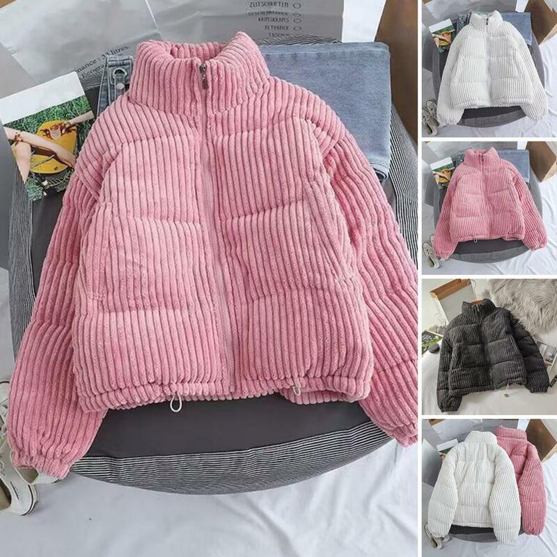 Women Short Jacket Stylish Stand Collar Winter Coat for Women Thick Heat Retention Jacket with Striped Texture for Ladies