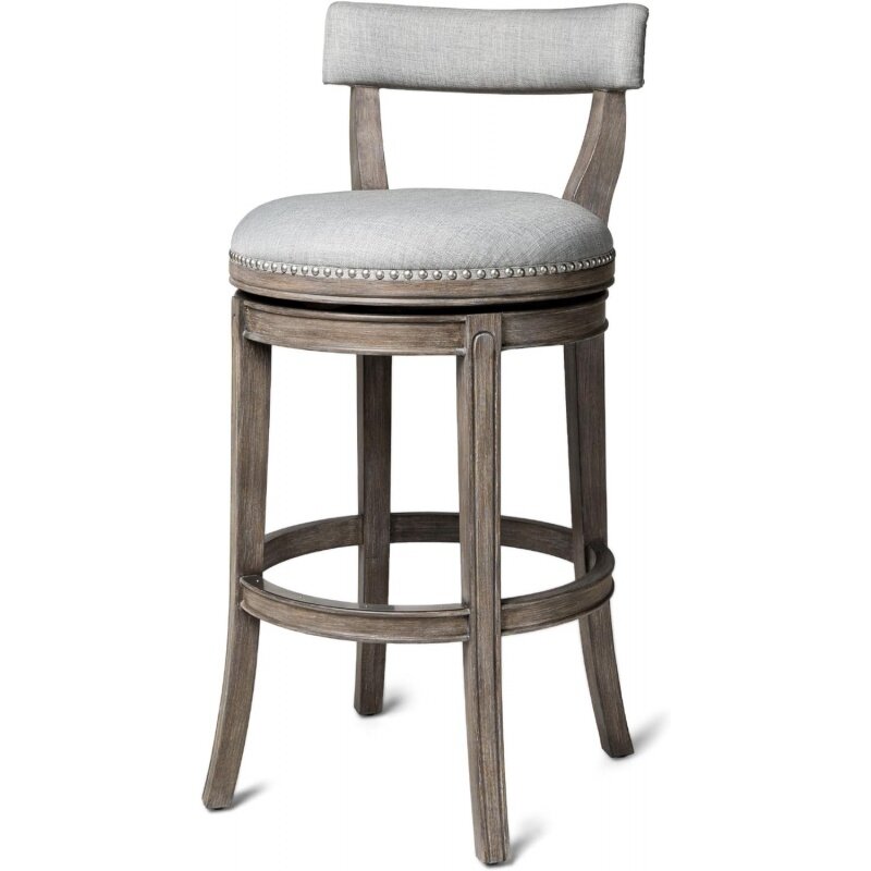 Maven Lane Alexander 31 Inch Tall Bar Height Rotating Low Back Barstool in Reclaimed Oak Finish with Ash Grey Fabric Upholstery