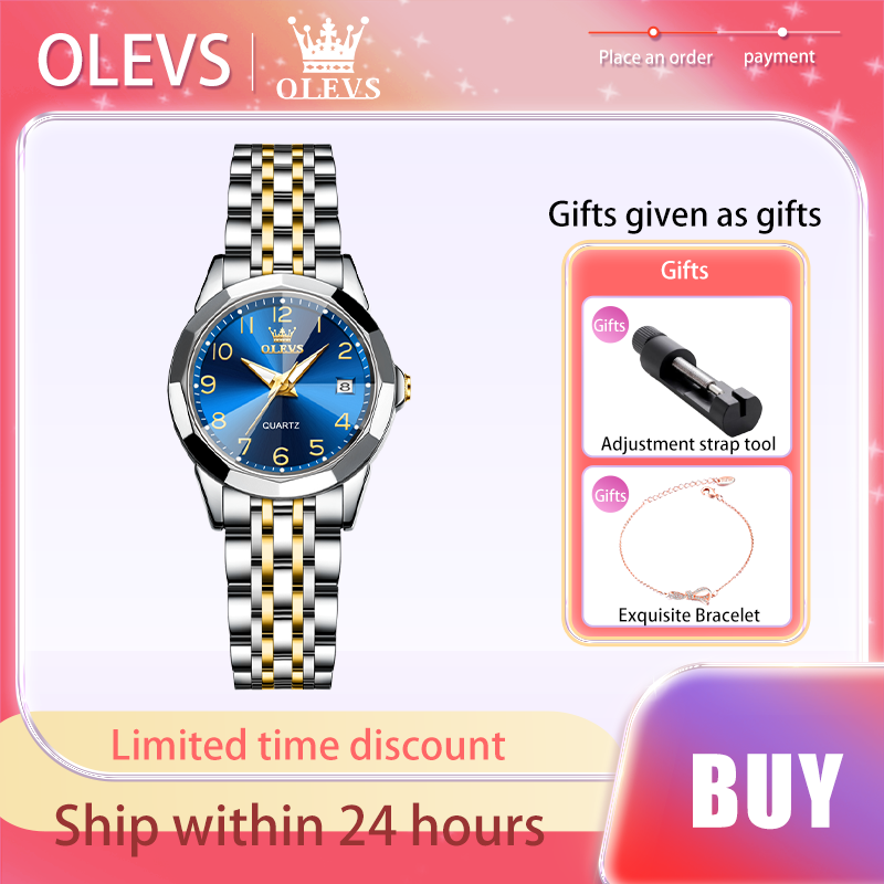 OLEVS Original Luxury Women's Watches Stainless Steel Strap Calendar Quartz Prismatic Mirror Surface Digital scale Female Watch