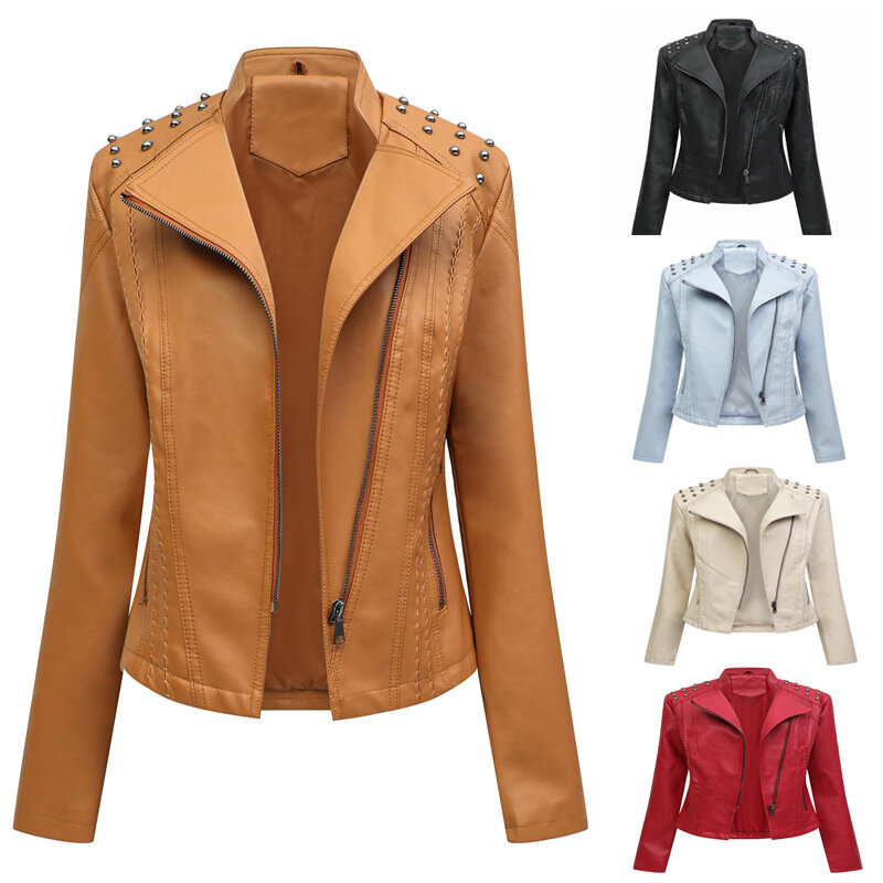 Vestuário de couro feminino moda casual fino jaqueta de couro feminino primavera e outono fino casaco na moda fábrica vendas diretas
