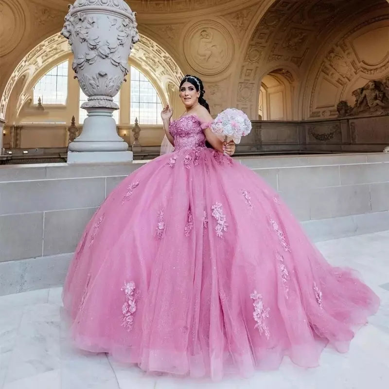Dusty Pink Ball Gown Quinceanera Dresses Off Shoulder Glitter Tulle Lace Formal Prom Princess Party Gowns Sweet 16 Dress