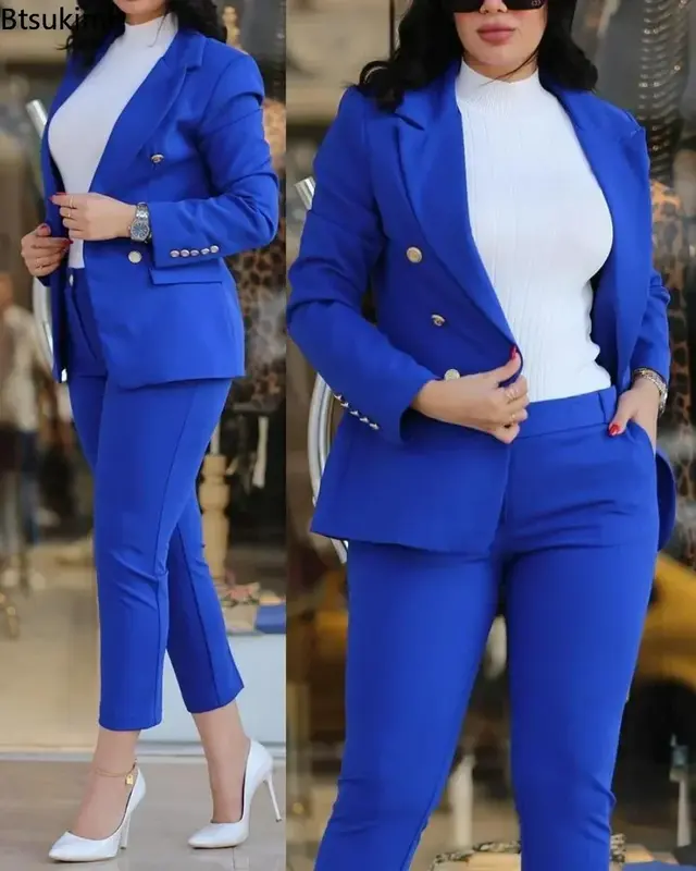 Женский офисный брючный костюм, однотонный двубортный пиджак и брюки, комплект из двух предметов, 2024