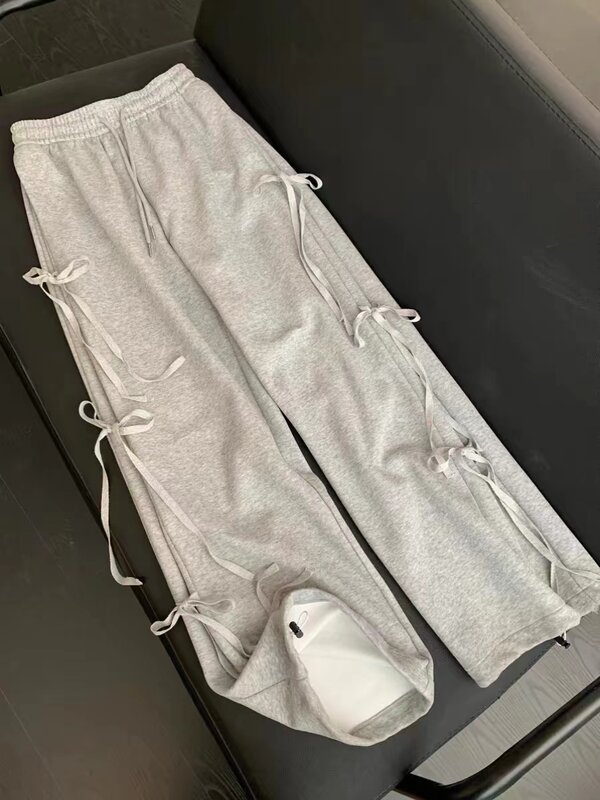 Grey Casual Pants Female 2024 Korean Version of The New Bow Design Super Sweet High Waist Slim Wide-leg Pants Two-piece