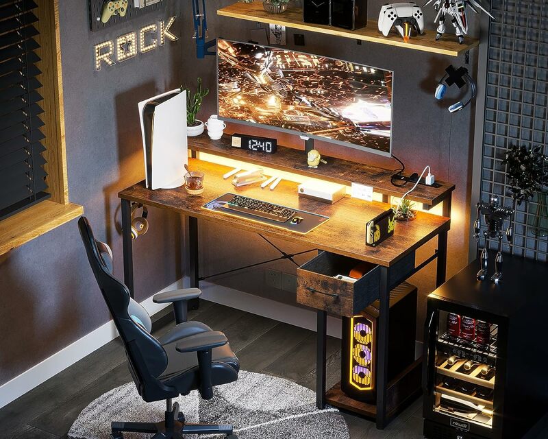 AODK-Mesa do computador para jogos com tomada e faixa de luz LED, 48 ", mesa para escritório doméstico, suporte ajustável do monitor, marrom, EUA, novo