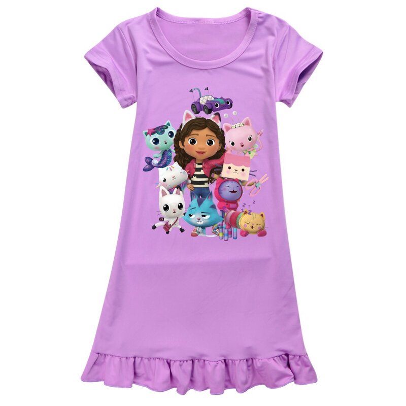 Gabbys Dollhouse Children Clothes Kids Summer Pajamas Dress Baby Girls Short Sleeve Nightgown Cartoon Gabby Cats Sleep Wear