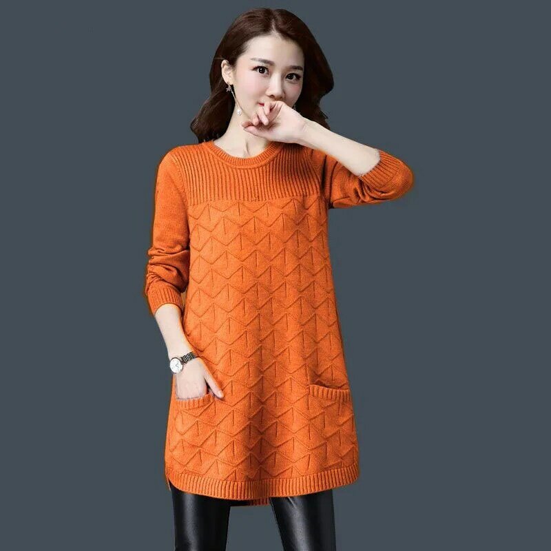 Modne kieszenie z okrągłym dekoltem w jednolitym kolorze swetry w stylu Casual odzież damska 2023 zimowe luźne swetry do pracy ciepłe bluzki
