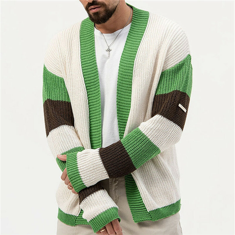 Luxury Patchwork Knitted Cardigan Sweater Men's Long Sleeve Casual Streetwear Autumn Loose Coat Vintage Knitwear Oversize 3XL