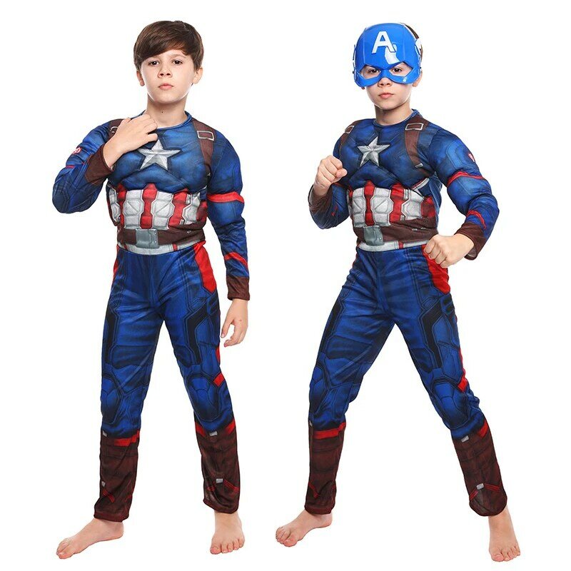 Marvel Superhero Cosplay Costume para crianças, Homem Aranha, Capitão América, Homem de Ferro, Thor, Hulk, Bodysuit muscular, Macacão Halloween Party