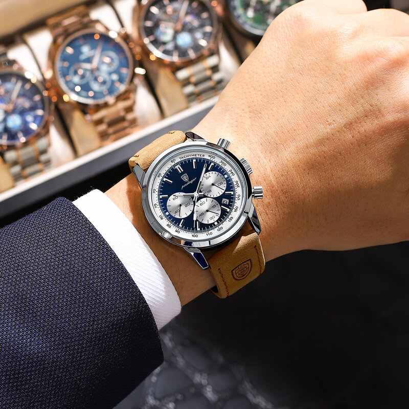 Podedagar-男性用の高級ブランドの時計,男性用腕時計,防水,クロノグラフ,発光,クォーツ,革の腕時計