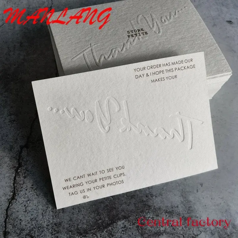 Impresión personalizada del fabricante, tarjeta de agradecimiento de negocios, papel dorado en relieve de alto grado, regalo
