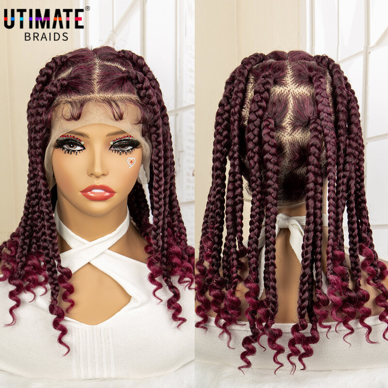 14 Inches Full Lace Short Cornrow Braids Wig Curly Ends Synthetic Big Knotless Braided Wigs for Women Burgundy  Lace Frontal Wig
