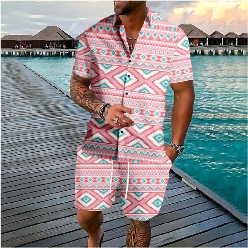 Hawaii aztekische Elemente Knopf hemden Shorts setzt Farben Geometrie Streetwear Strand Trainings anzüge Hip Hop lässige Herren bekleidung