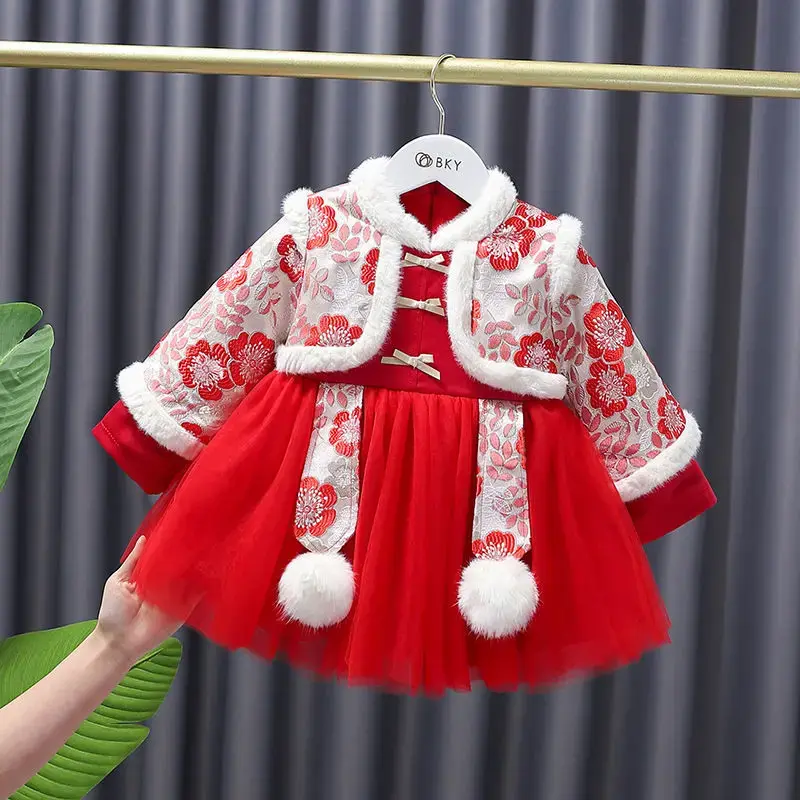 Spring Sweet Lace Emobridery Princess Dresses Girls Chinese Style New Year Baby Tang Suit Birthday Party Thick Cotton Clothing