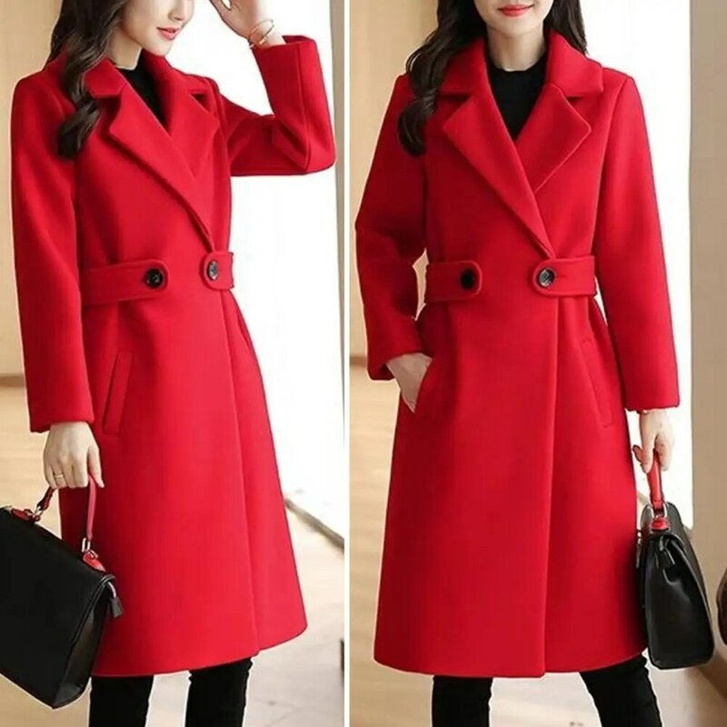 Double Button Women Jacket Stylish Mid-length Women's Overcoat Thick Solid Color Turn-down Collar Belted Button Closure for Fall