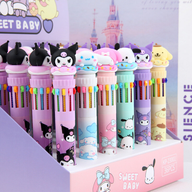 Sanrio قلم حبر جاف كارتوني ، Kuromi ، Hello Kitty ، سينامورول ، 10 ألوان ، 0.7 ، قرطاسية طلاب المدارس ، رسم ، علامة كتابة ، 18 قطعة ، 36 قطعة