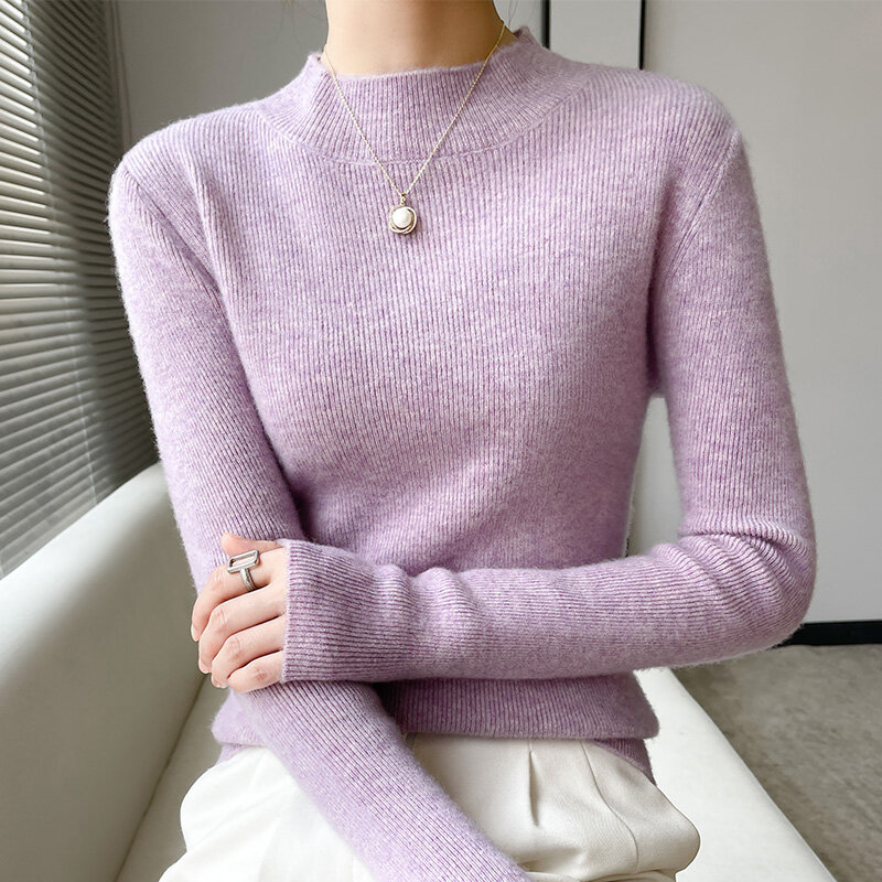 Nueva camisa de Cuello medio de tortuga para mujer, suéter de lana de Color sólido y delgado, Otoño/Invierno