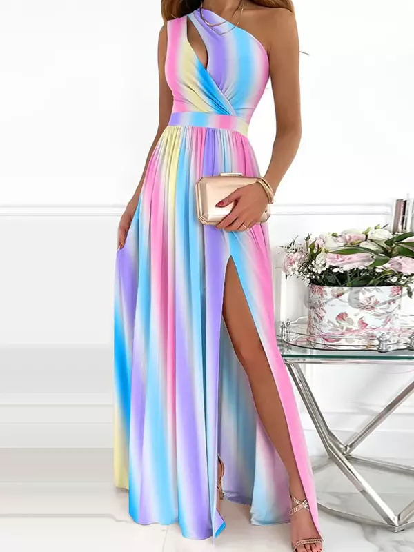 Элегантная Летняя Сексуальная длинная юбка на одно плечо, цветочное градиентное платье с высоким разрезом, с вырезами, бежевое повседневное Микси-платье