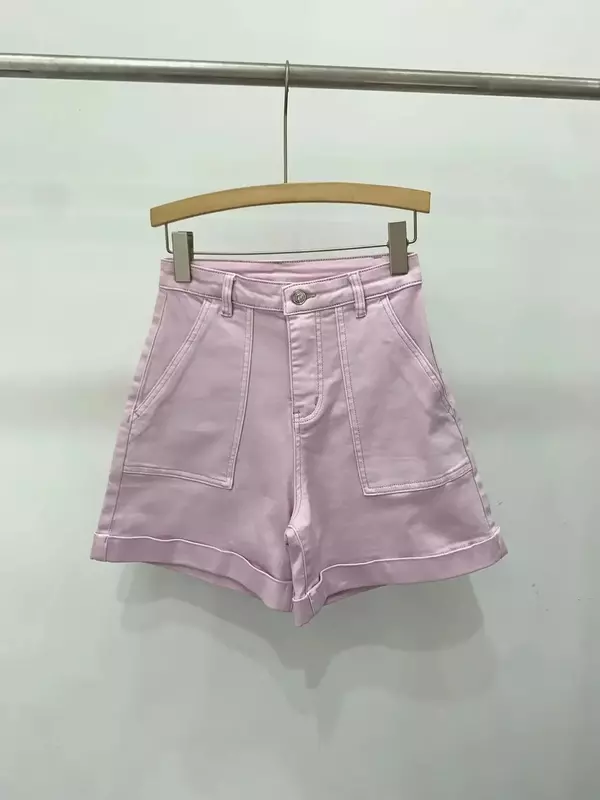 Celana pendek Denim merah muda untuk wanita, celana pendek Jeans pinggang tinggi 2024 kaki lebar musim panas modis