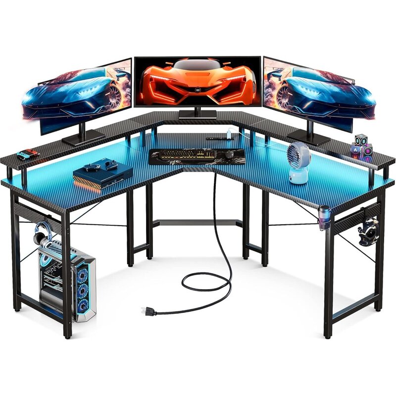 ODK L 모양 게임용 책상, LED 조명 및 전원 콘센트, 51 인치 컴퓨터 책상, 전체 모니터 스탠드, 컵이 있는 코너 책상