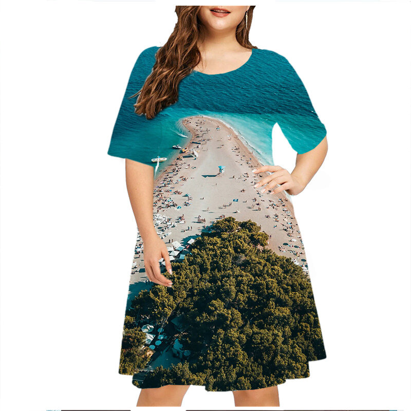 Vestido corto informal de verano para mujer, minivestido holgado de manga corta con paisaje Natural, talla grande, para fiesta, 2023