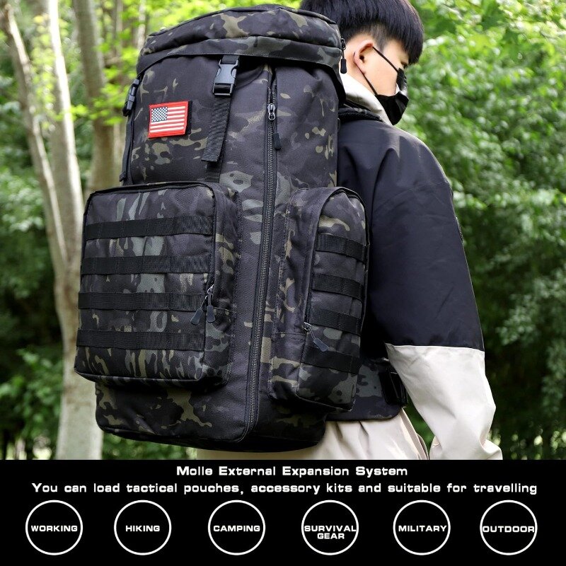Large Camping Backpack For Men, Military Molle Hiking 2 Daypack 60L70L85L Waterproof Backpacking Rucksack