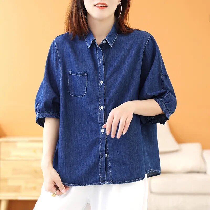 Women's Denim Blouse 2024 Summer Simplicity Design Sense Ladies Shirt Lantern Sleeve Versatile Fashion Lady Loose Cowboy Shirts