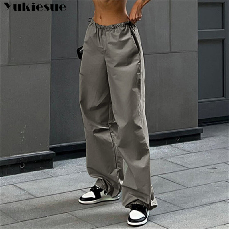 Celana panjang wanita, celana kargo Y2K pakaian longgar tali serut pinggang rendah jogging kasual pakaian Streetwear Sweatpants Musim Panas 2023