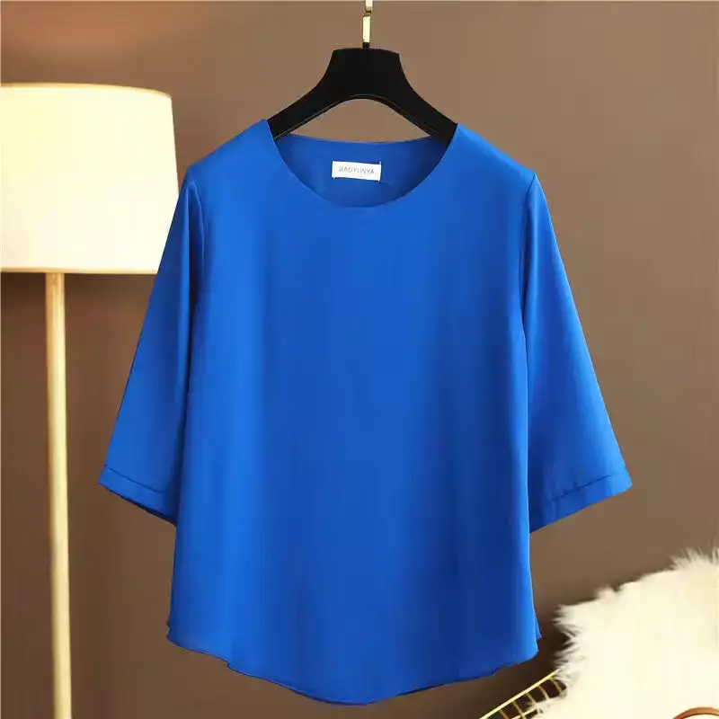 Yuqi oversized M-5XL solto curto-mangas compridas chiffon mulheres blusas o-pescoço blusa 2022 verão sólido casual tops moda feminina camisas