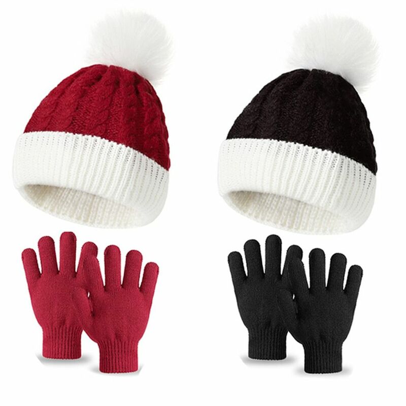 Topi rajut anak laki-laki dan perempuan, perlindungan telinga topi beanie Pompon hangat musim dingin, sarung tangan luar ruangan lembut 2 buah/Set