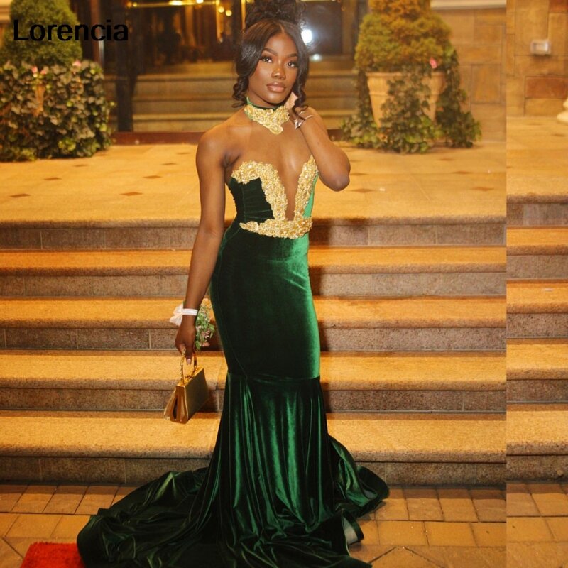 Gaun Prom putri duyung beludru hijau lorensia untuk Gadis hitam 2024 gaun pesta bermanik Kristal renda emas jubah gaun pesta wanita