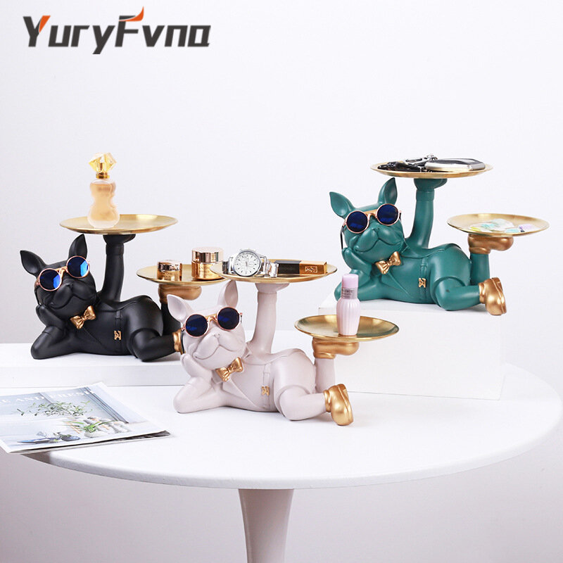 YuryFvna  Resin Bulldog Desktop Storage Statue Animal Sculpture Dining Table Decor Multi Functional Office Home Decoration Tray