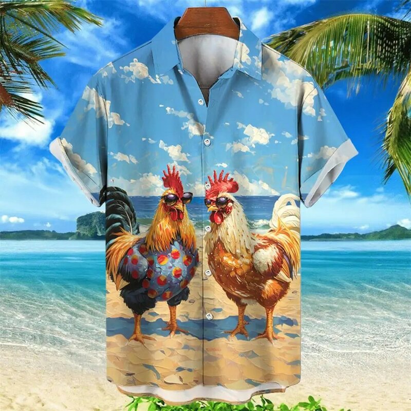 قميص رجالي بأكمام قصيرة ، قمصان هاواي للشاطئ ، رسومات دجاج ، مطبوعات ثلاثية الأبعاد ، أسلوب هاواي ، أزياء الصيف ، قميص ألوها ،