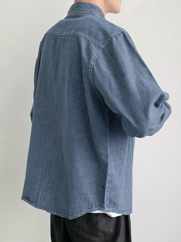 Camisa vaquera azul con bolsillos y botones para hombre, camisas informales ajustadas de algodón sólido de manga larga a la moda para marido, novedad de primavera 2022
